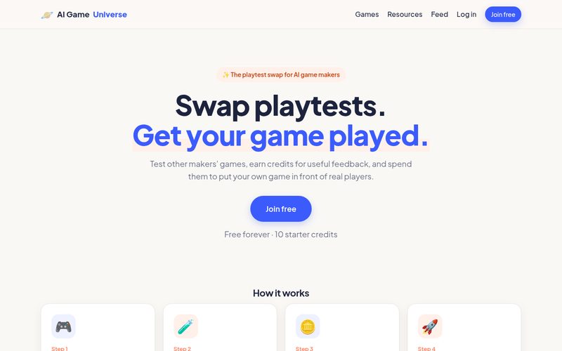 AI Game Universe home page: Swap playtests. Get your game played.