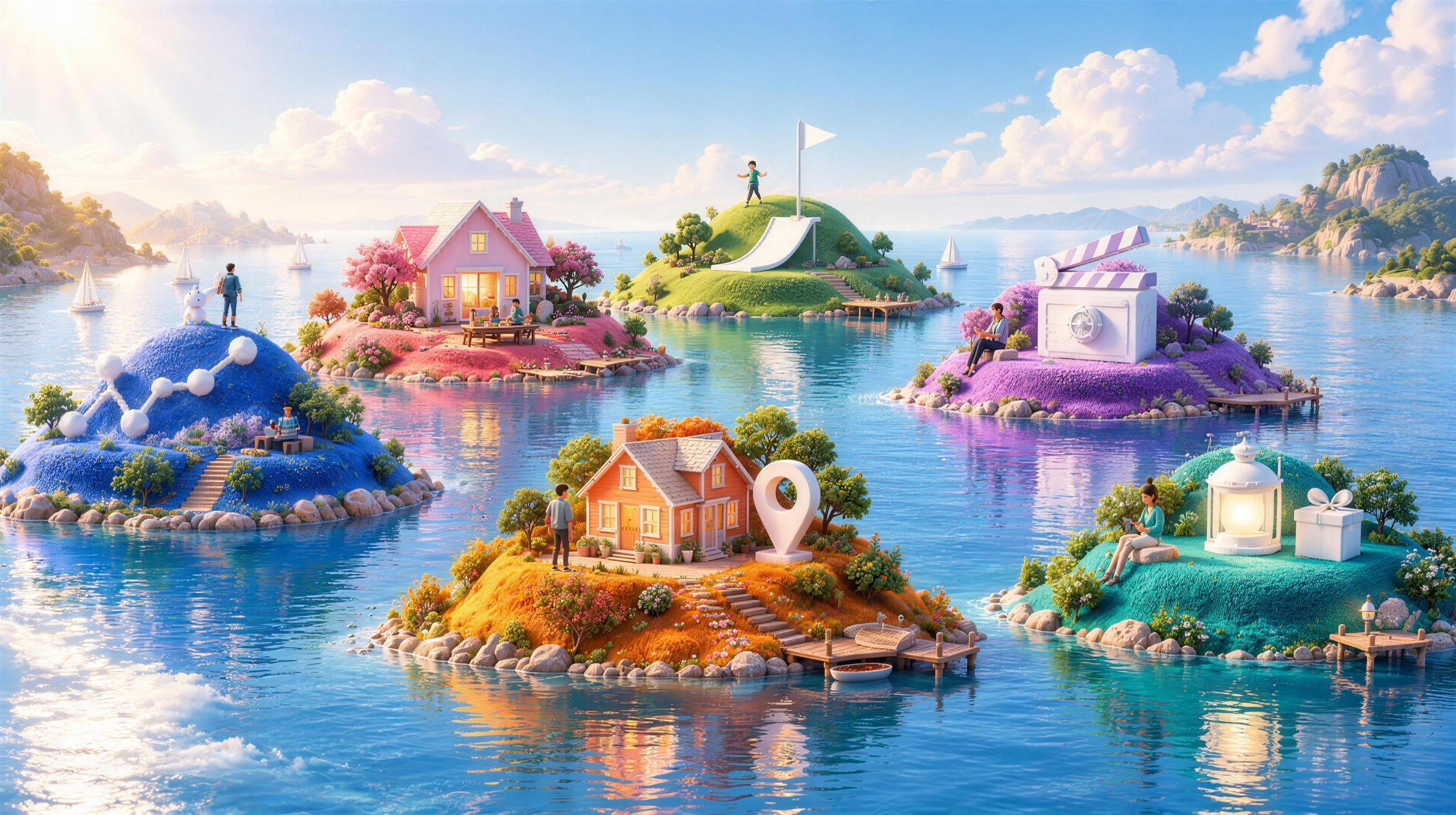 Six Islands archipelago — matching Island hub heroes